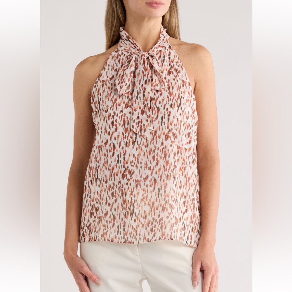 🦚3/$75🦚🔔2/$60🔔CALVIN KLEIN Multi Chiffon sleeveless halter-cut pussybow top